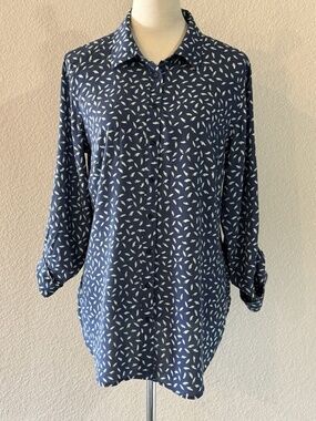 Talbots Womens Large Blue Feather Print Roll Tab Sleeve Button Shirt